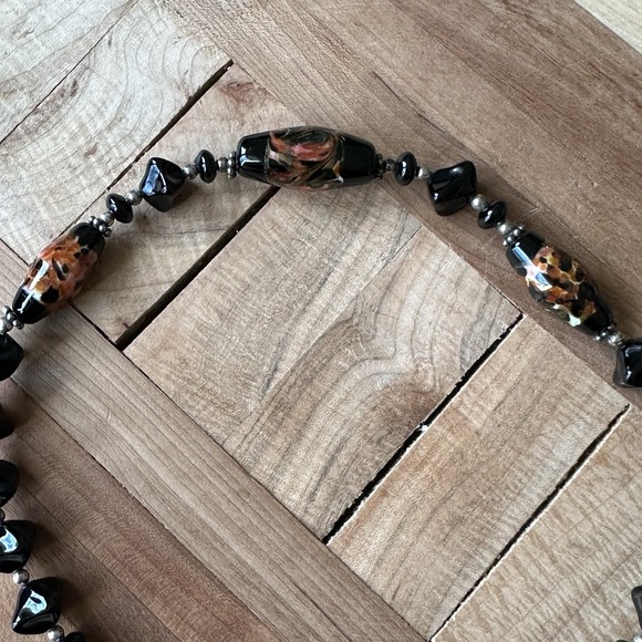 Vintage Artisan Beaded Necklace 18 Inch Black Onyx Art Glass 925 Sterling 60.8g - Picture 9 of 13